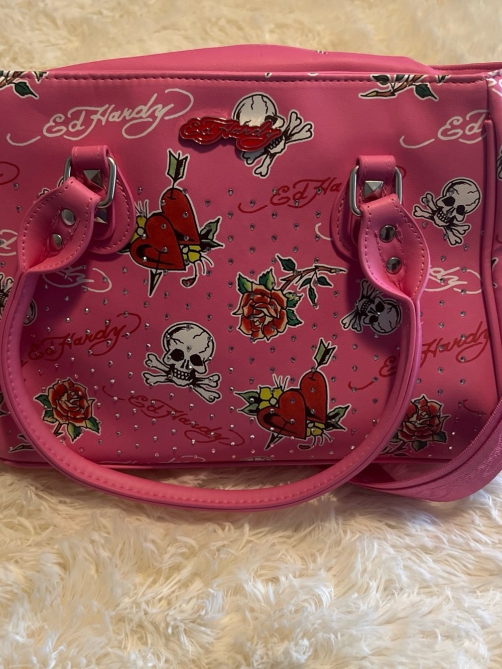 Ed Hardy Hot Pink Tattoo-Print Lunch Satchel with Stud Detail and thermal lining